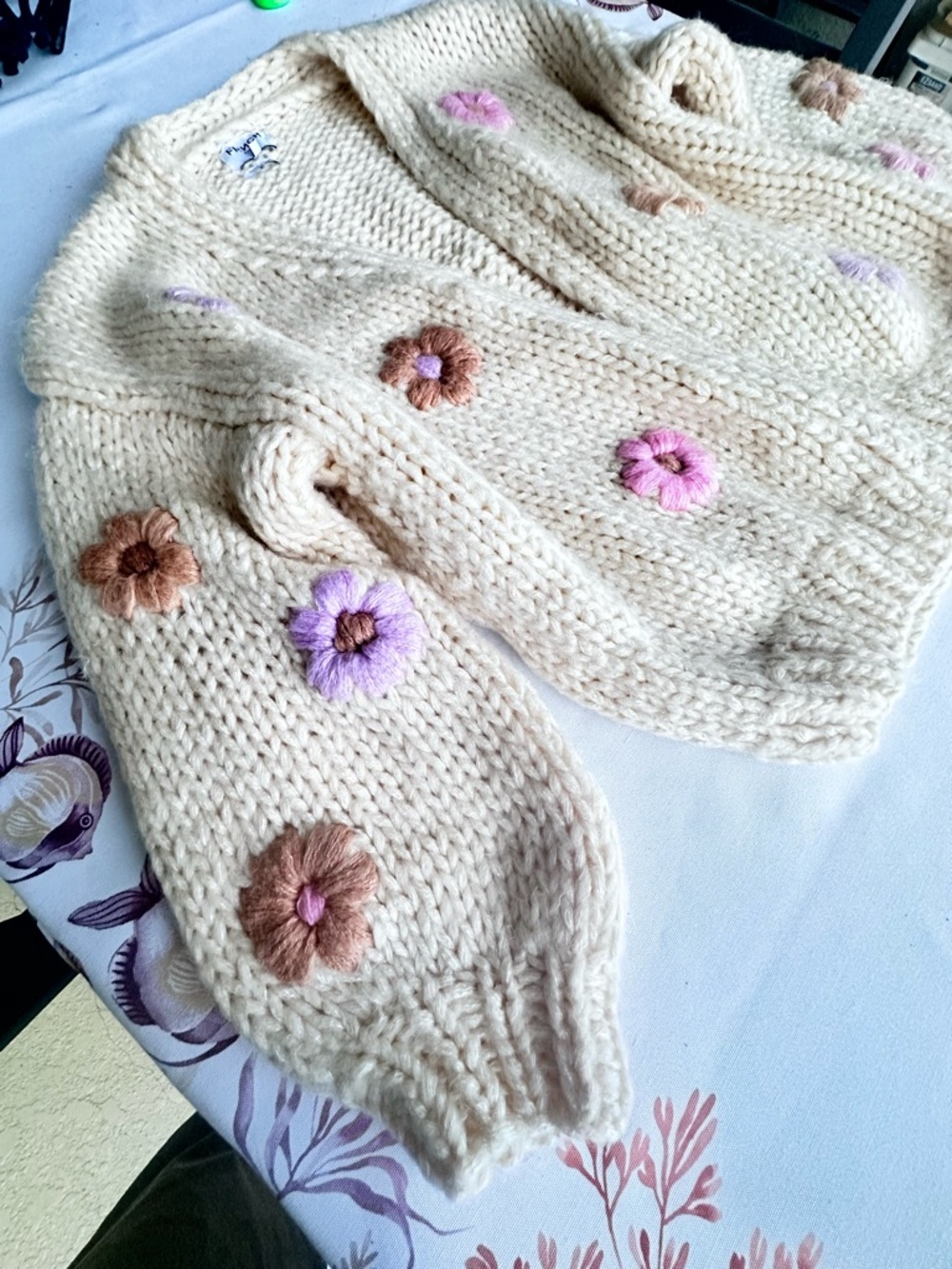 FRNCH Cream Chunky Knit Cardigan with Pink, Purple and Brown Flower. Size S/M - Picture 2 of 7